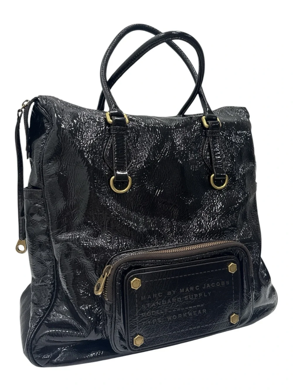 Marc by Marc Jacobs Black Patent Leather Tote with Front Pocket